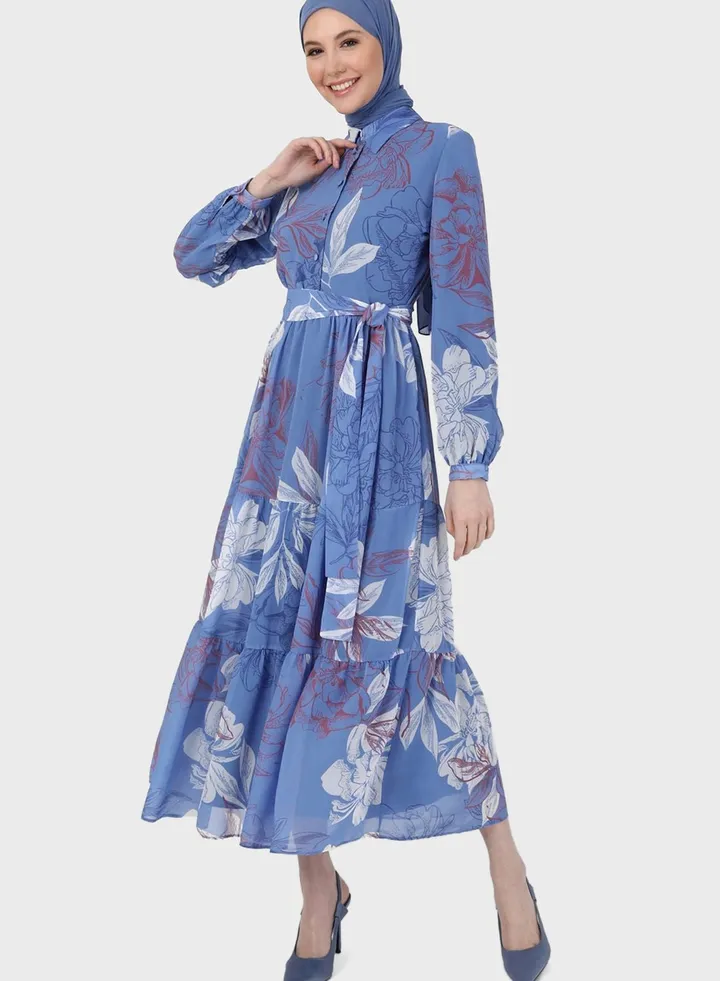 Belted Tiered Floral Print Dress