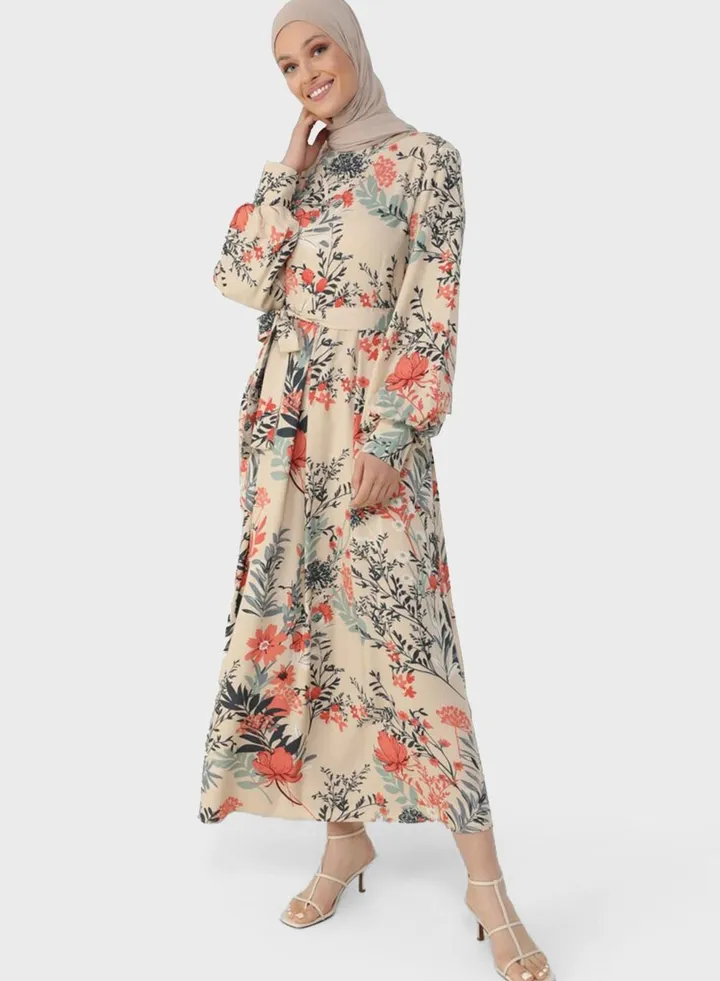 Crew Neck Balloon Sleeve Printed Dress