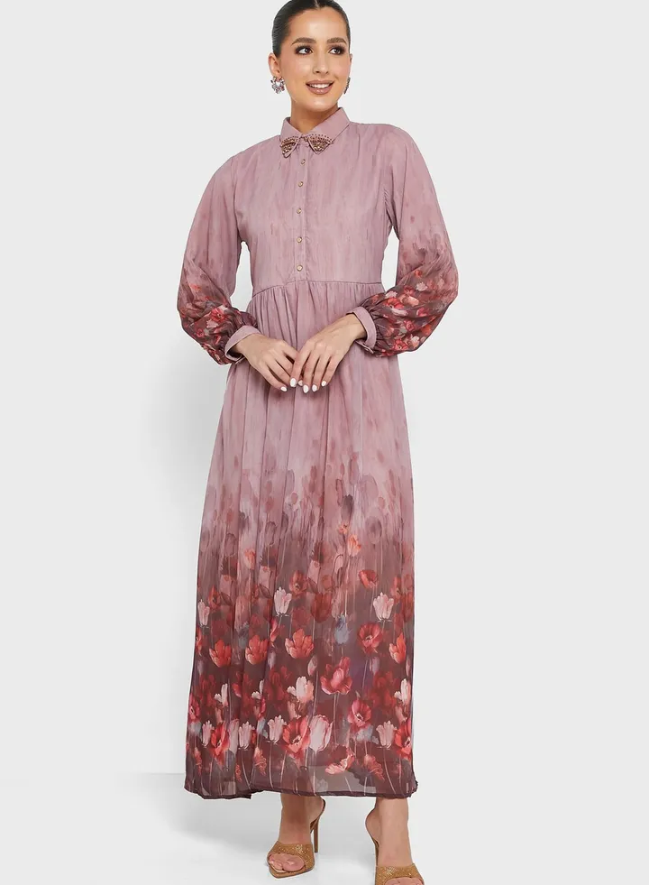 Floral Print Button Detail Tiered Dress