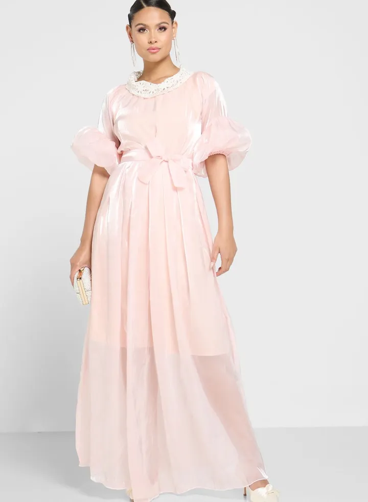 Balloon Sleeve Broidered Tiered Dress