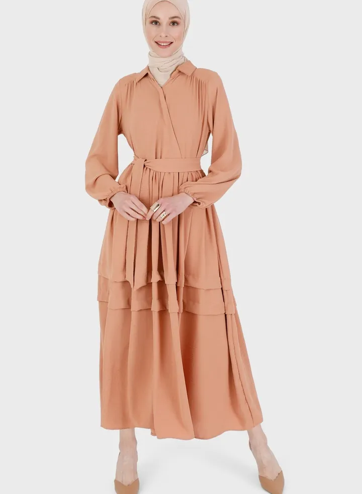 Tiered Belted Puff Sleeve Dress
