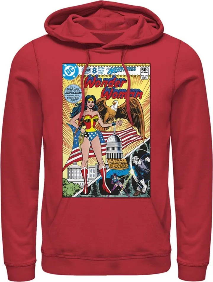 Men's Justice League Vintage Huntress Comic Cover Pull Over Hoodie - Red - Small
