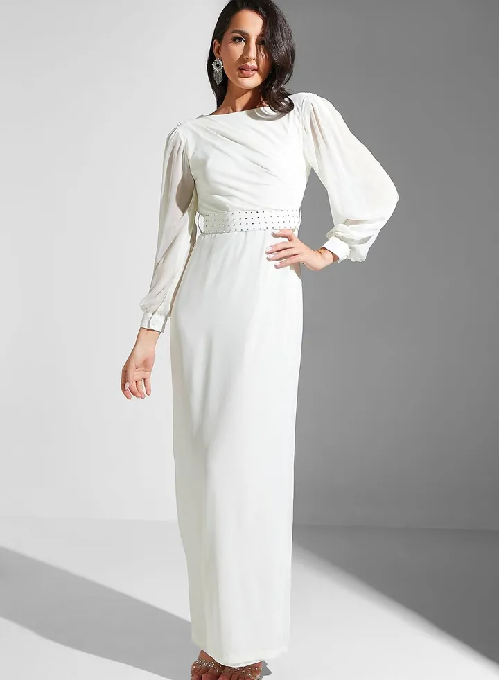Puff Sleeve Embellished Belted Dress