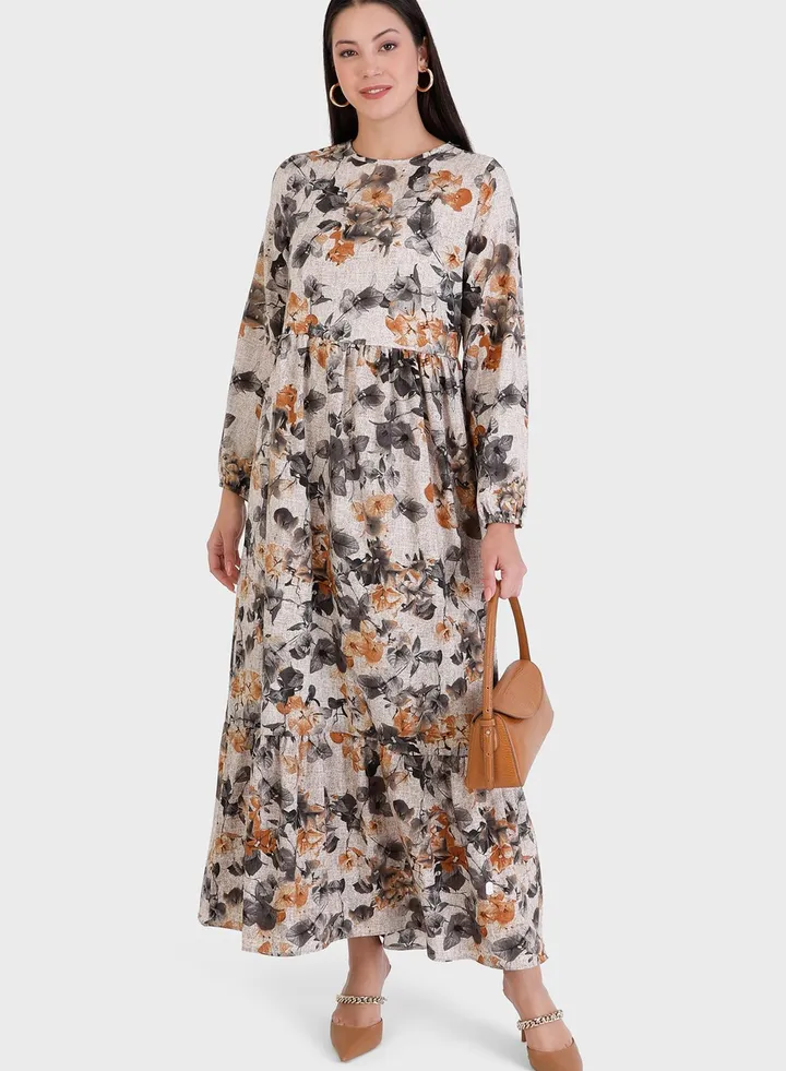 Balloon Sleeve Printed Dress