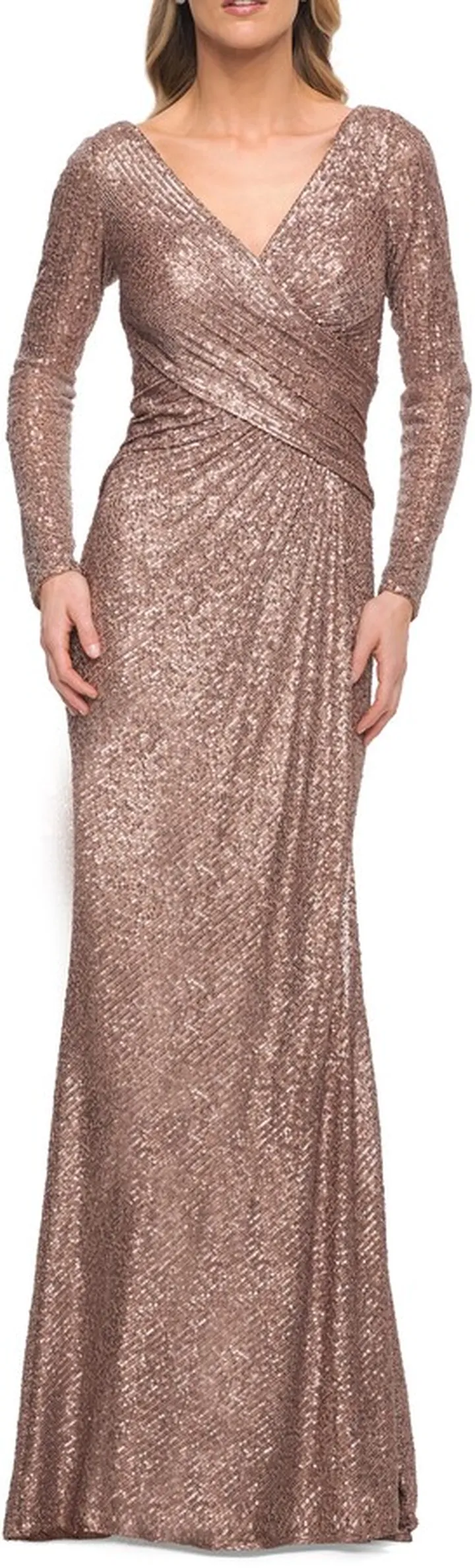 Ruched Long Sleeve Sequin Gown