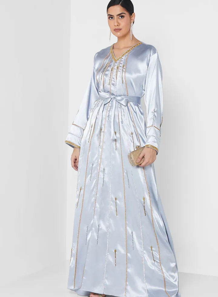 Embellished V-Neck Belted Jalabiya