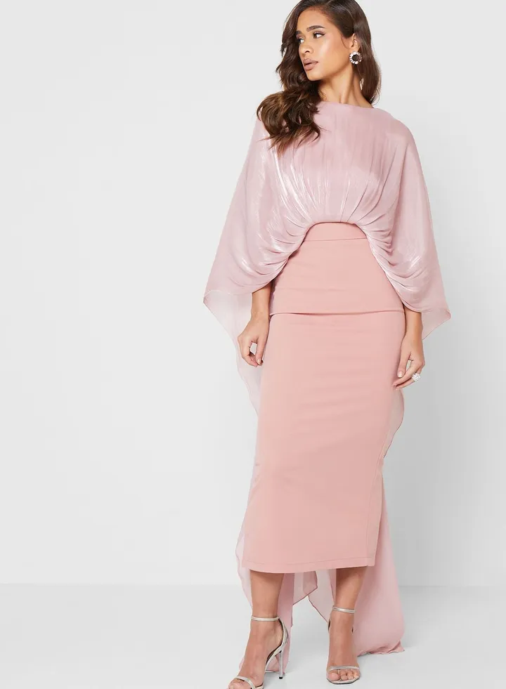 Waterfall Trim Cape Sleeve Dress