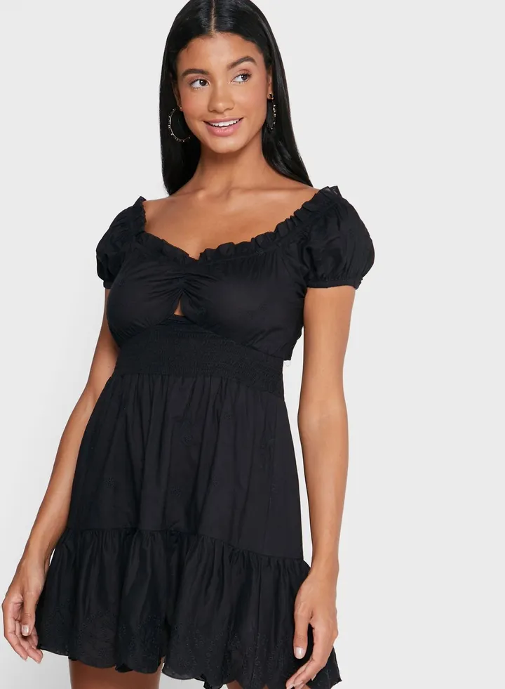 Puff Sleeve Shirred Mini Dress