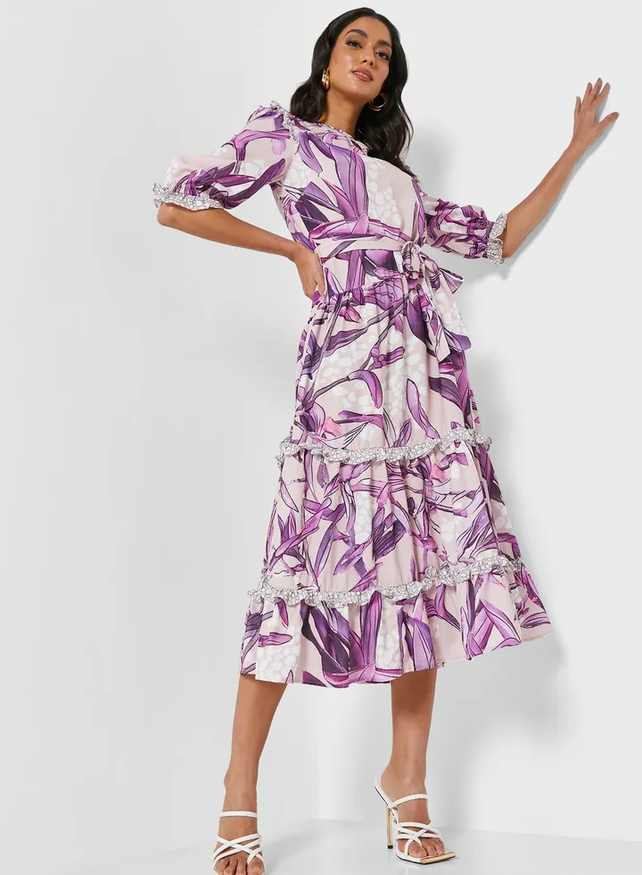 Belted Printed Ruffle Detail Dress