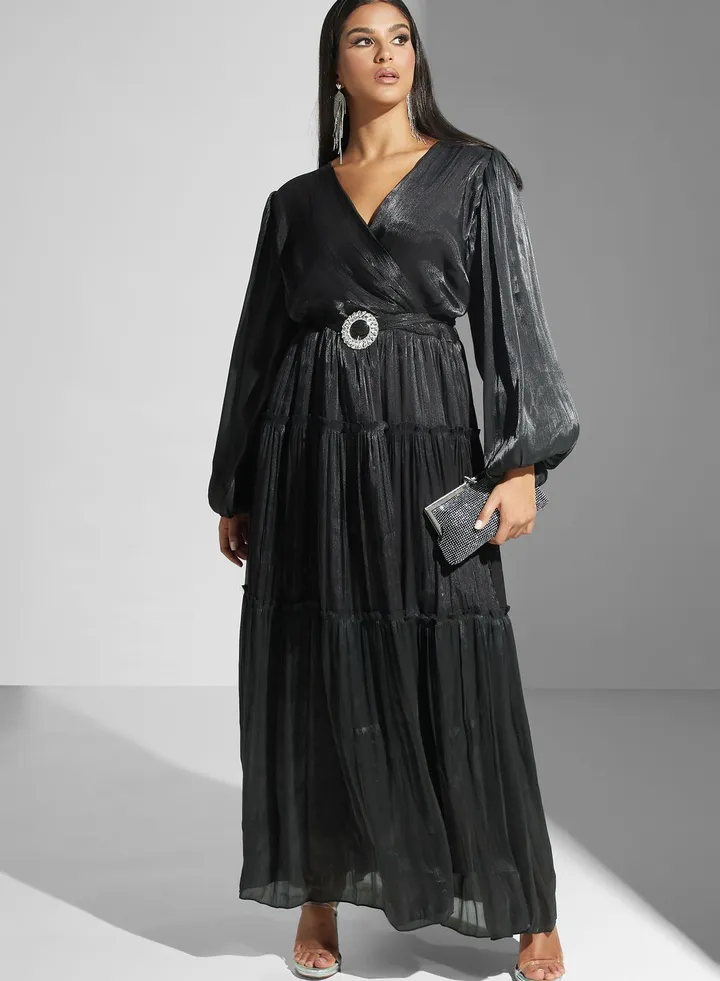 Surplice Neck Belted Plisse Dress