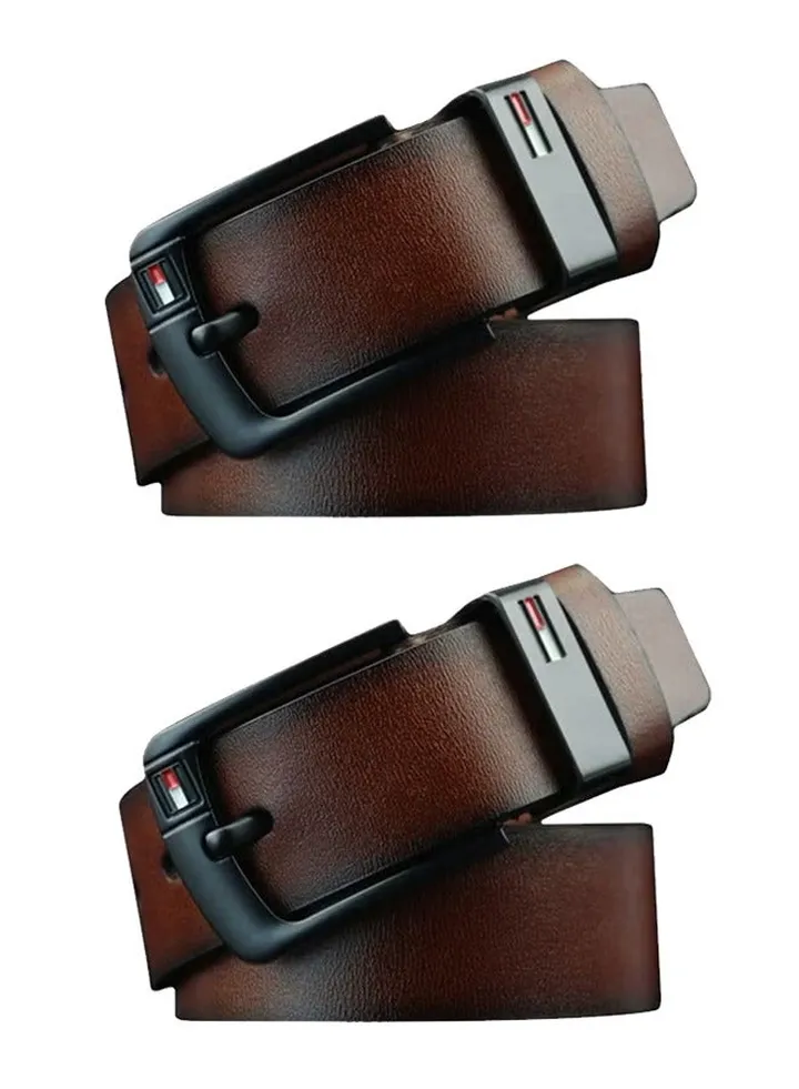 2 Pcs Men's Faux Leather Belt Pin Buckle Belt (Brown)