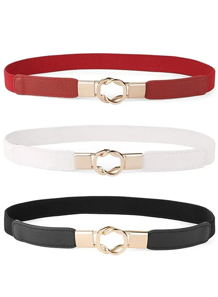 Belt for Dresses Women, Women Skinny Belt for Dresses Retro Elastic Stretchy Metal Buckle Skinny Ladies Waist Belt 1 inch Wide 3 Pack