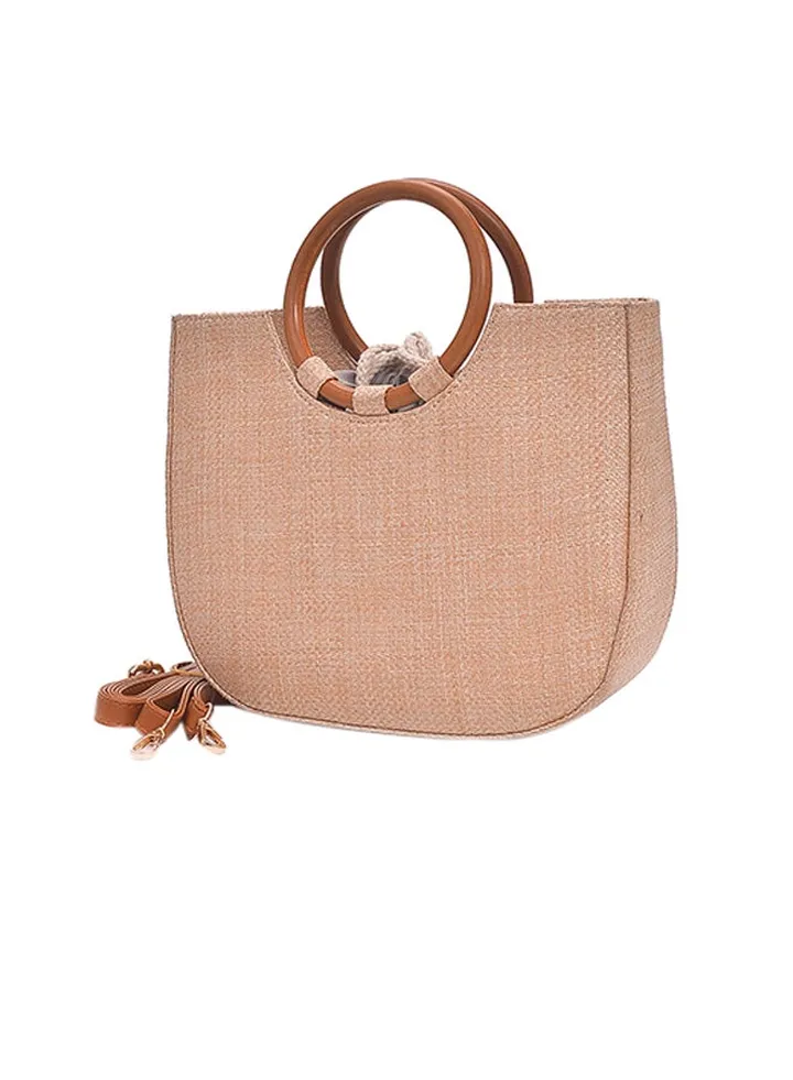 Summer Straw Handbag Knitting Woven Wooden Handle Casual Beach Bohemian Crossbody Bag Khaki