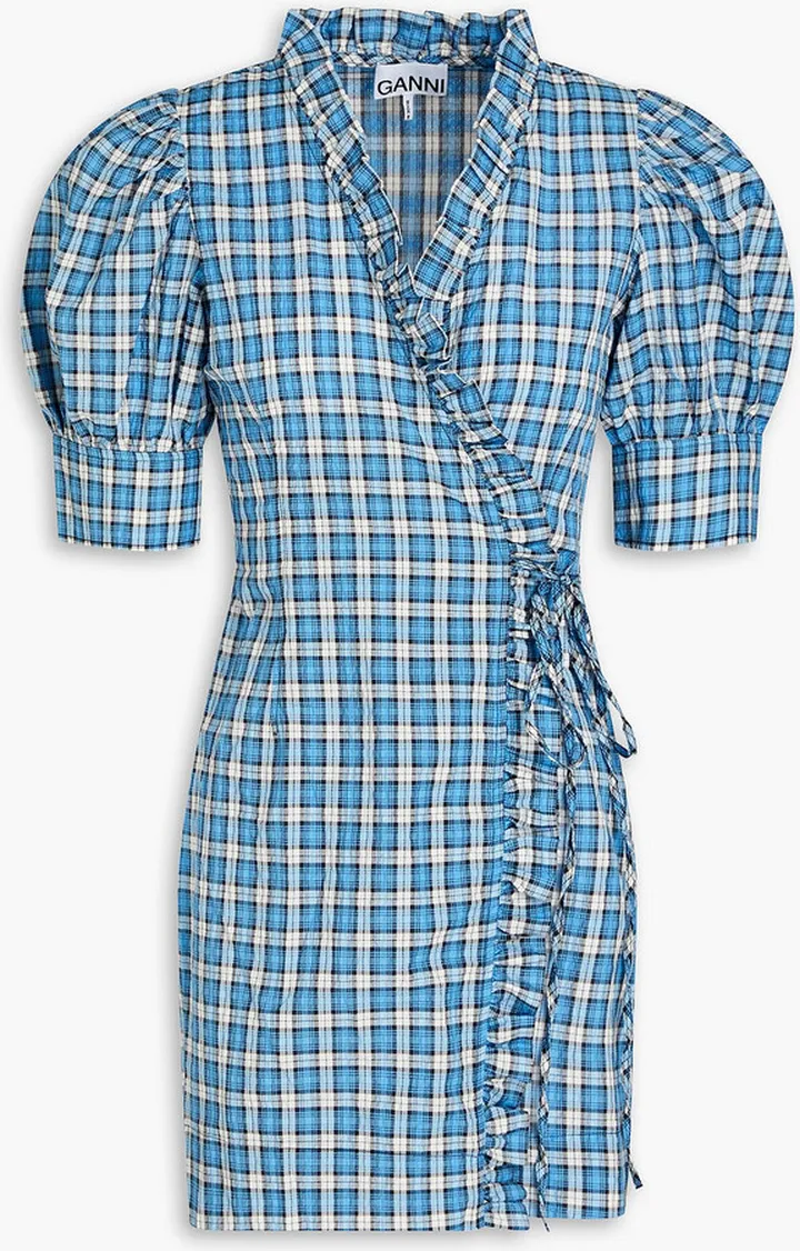 Checked cotton-blend seersucker mini wrap dress