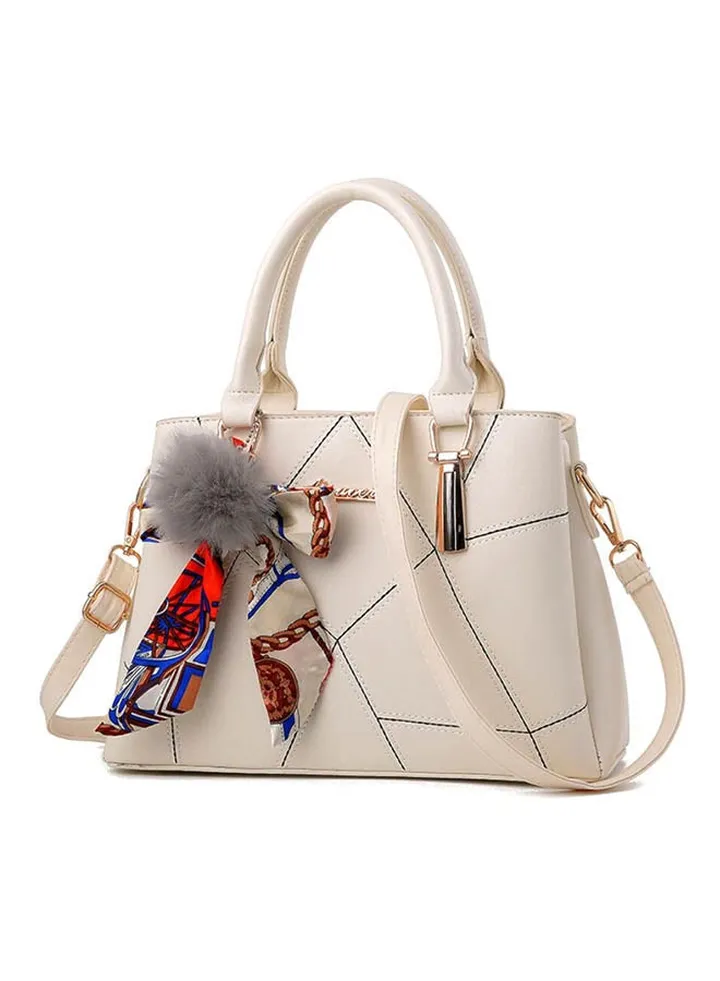 Ribbon Fur Ball Crossbody Bag Beige