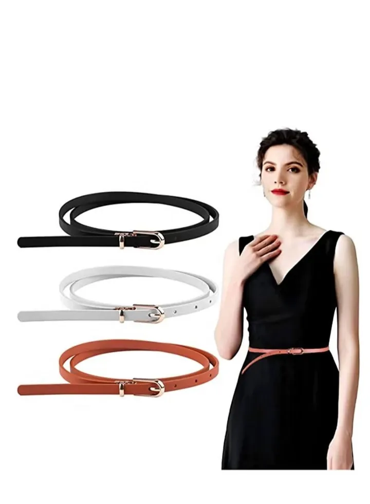 Women Skinny Leather Belts, 3 PCS Thin Jean Waist Belt, with Metal Buckle Solid Color Patent with Alloy for Jeans Dress Fashion