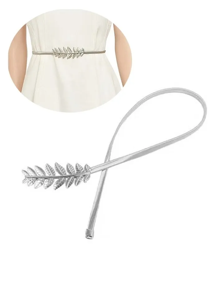 New Fashion Vintage Women Skinny Elastic Belt Leaf Design Clasp Front Stretch Metal Waist Belt,Silver