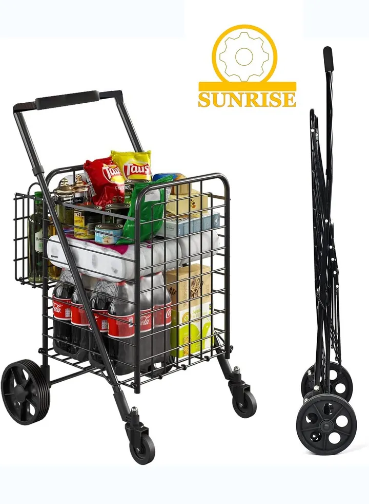 SUNRISE Shopping Cart with Wheels for Groceries,Utility Cart Folding Cart for Convenient Storage Extra Basket,with Rolling Swivel Wheels,Trolley for Laundry,Groceries,Travel