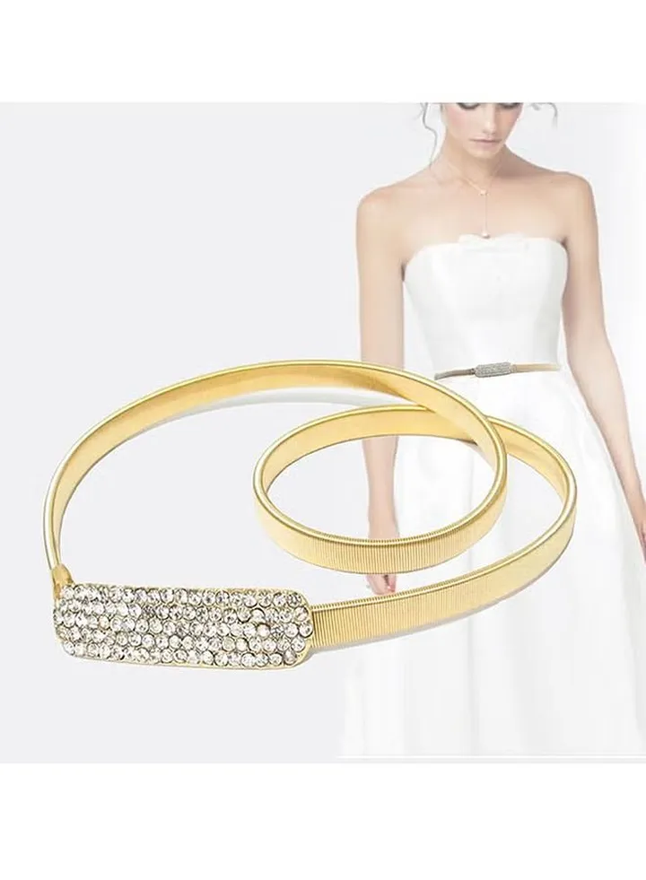 Women Metal Belt, Elastic Skinny Belt Waich Waist Belts Fashion Belly Gold Chain Waistband with Rhinestone Buckle for Dress, Jeans Pants