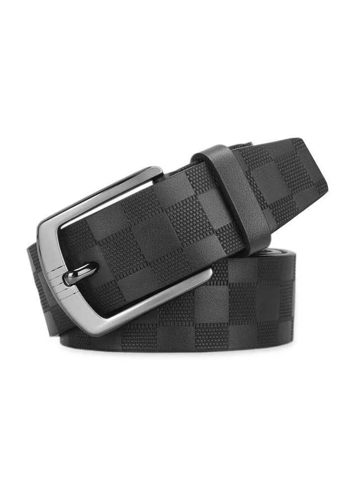 Mens Leather Belt, Checkerboard Embossed Genuine Leather Belt With Pin Buckle Adjustable Wide Waistband Casual/Business Style Belt For Jeans Pants Suits (Black)