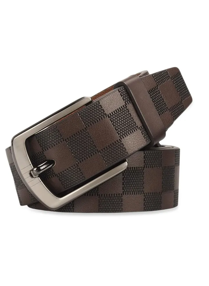 Mens Leather Belt Checkerboard Embossed Genuine Leather Belt Adjustable Belts For Jeans Pants Suits Casual Dress Belts