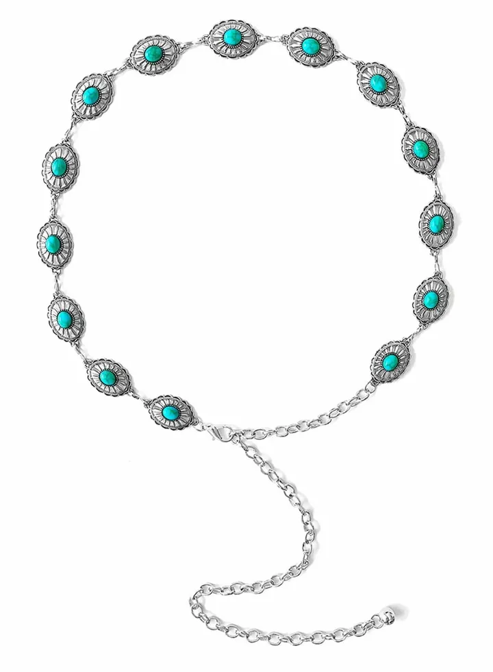 Concho Turquoise Chain Belt, Adjustable Western Metal Waist Chain Belt, Cute Women's Western Country Belt for Jeans or Dresses