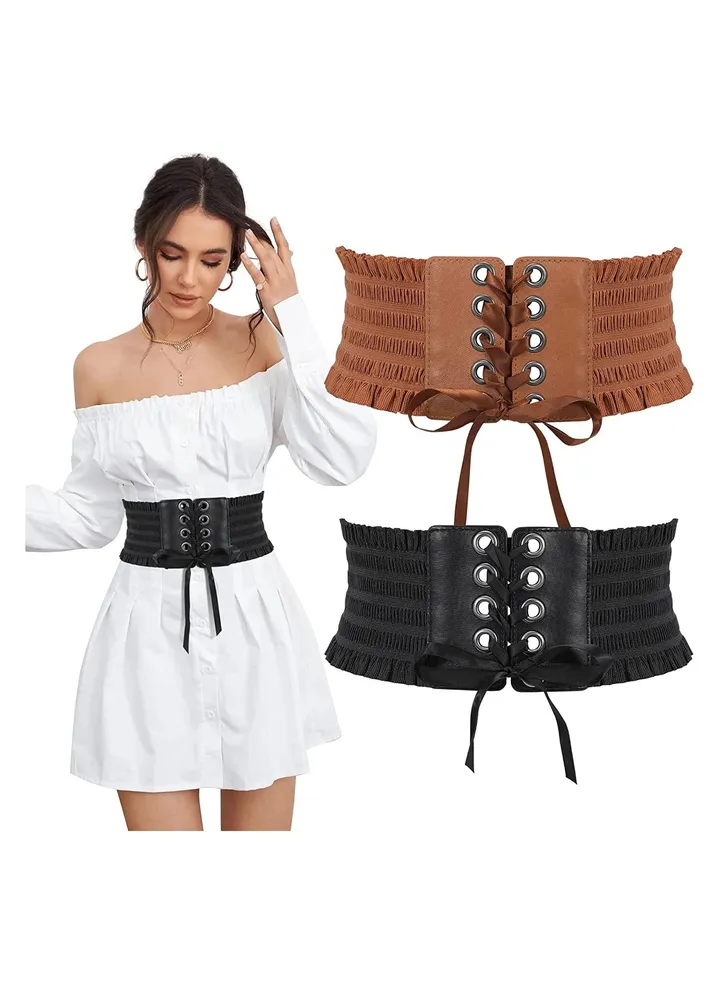 Women's Wide Elastic Lace-up Waist Belt Tied Costume Corset Waist Belt for Dress Women's Waist Tassel Tie Slimming Belt Lace Lace Wide Girdle Bow Decoration Belt Dinner Party Slim Belt (2Pcs)
