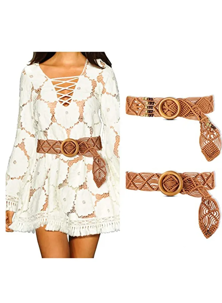Bohemian Rope Belt Boho Straw Hippie Braid Waist Retro Woven for Dresses Skirts Women Brown 2 Pieces
