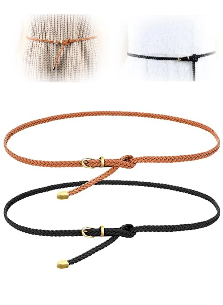 Braided Waist Belts, 2 Pieces for Women for Dresses PU Leather Skinny Woven Belt Cowgirl with Pin Buckle Thin( Black and Brown)