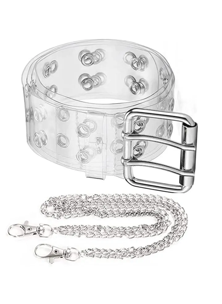 Clear Belt Double Grommet Belt with Punk Rock Chain Double Prong Leather Belt Cute Belt Sweet Cool Style for Women
