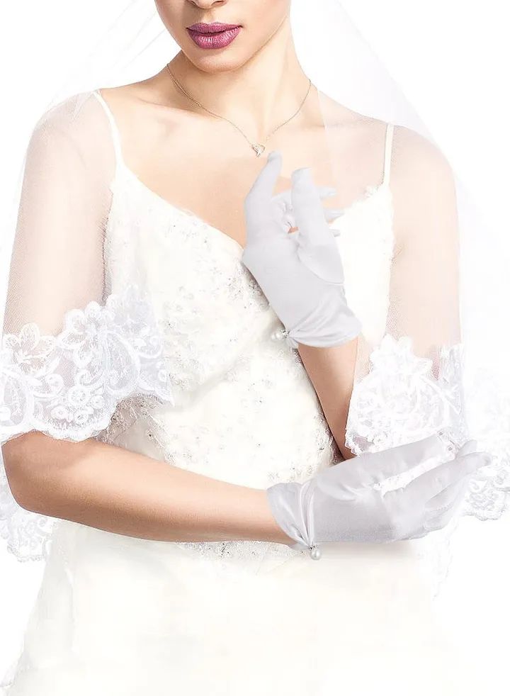 Short Satin Gloves, Opera Wrist Banquet Floral Lace Tea Party Dancing for Wedding Dinner Dress Glove