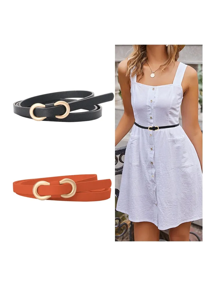 Women Leather Belt, 2 PCS Ladies Skinny Leather Belts for Women, Adjustable Slim Thin Waist Belt with Gold Alloy Buckle for Dresses Blouse(Black, Camel)