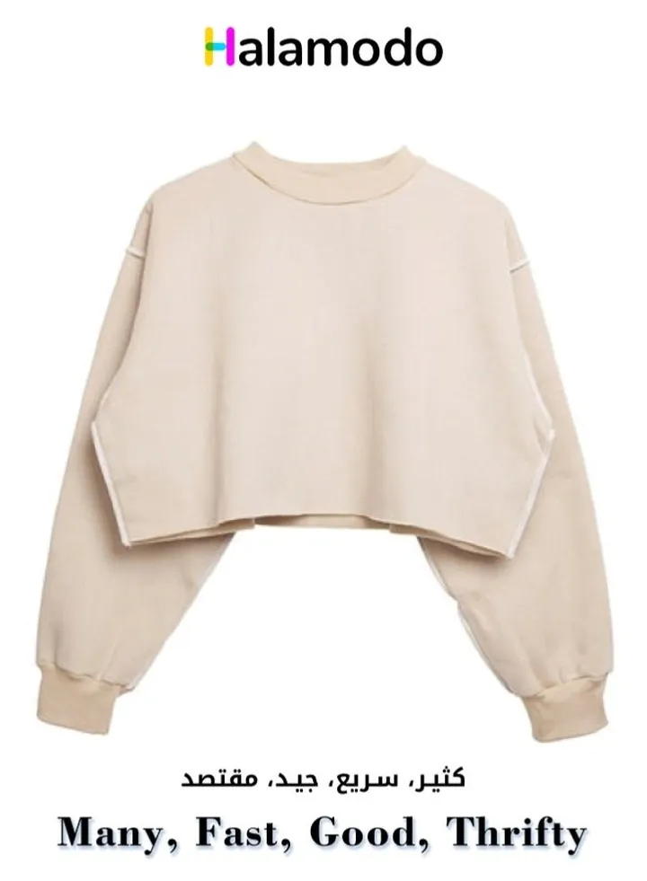 Off-white Women's Spring and Autumn Short Top Loose Round Neck Short Sweatshirt