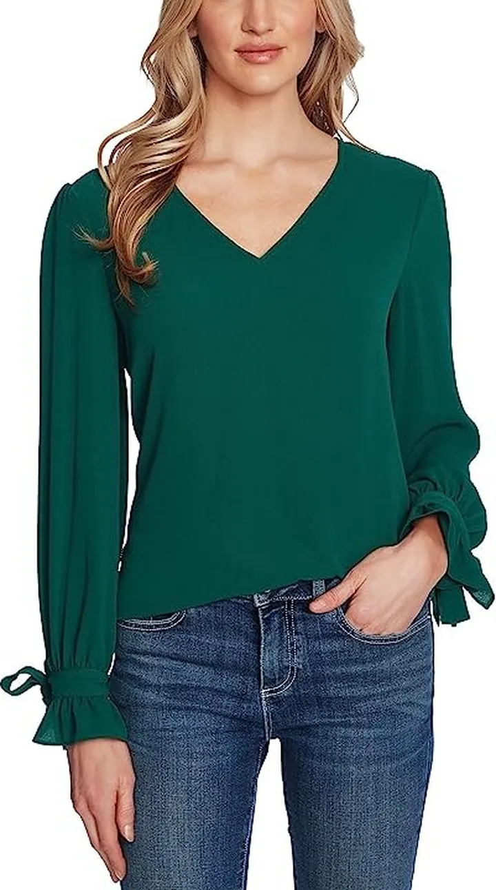 CeCe Long Sleeve V-Neck Tie Sleeve Blouse (Alpine Green) Women's Clothing