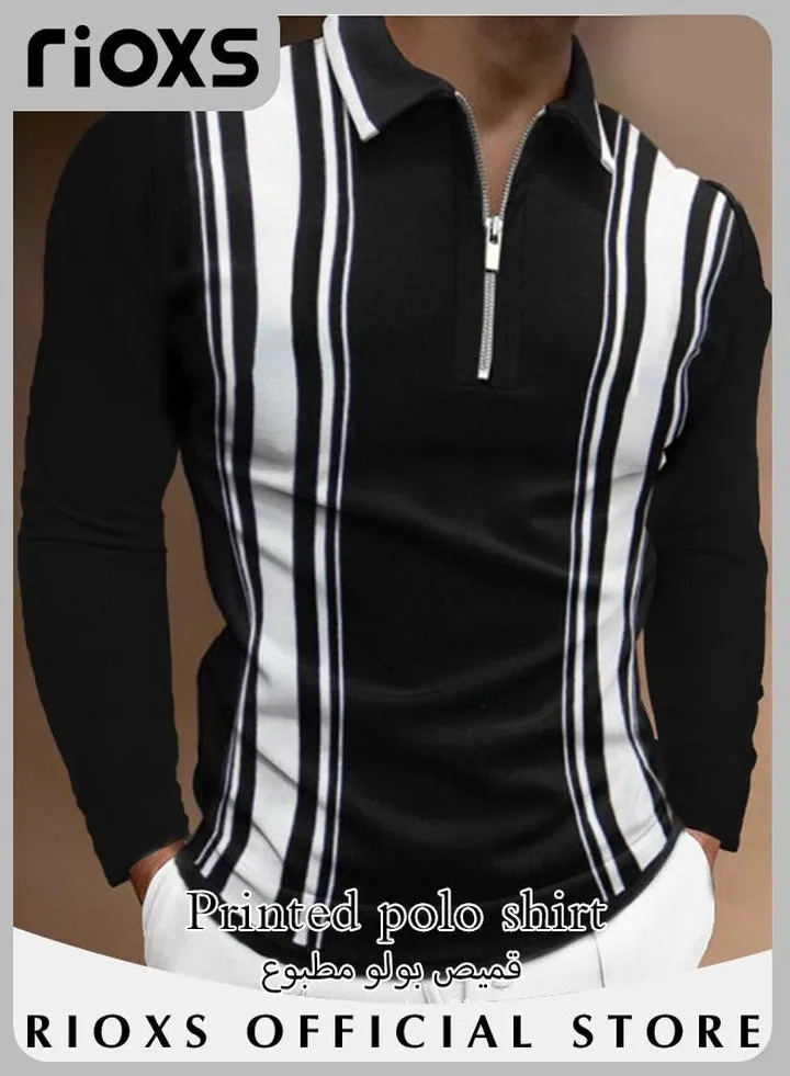 Men Long Sleeve Zipper Polo Shirt Casual Slim Fit T-Shirt Top