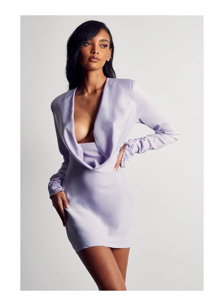 Premium Satin Cowl Neck Shoulder Pad Dress