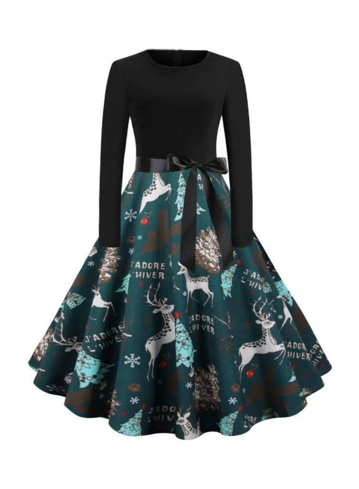 Printed Long Sleeve Party Fashion Dress Black/Green