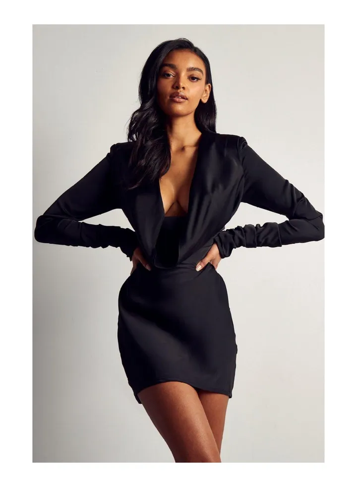 Premium Satin Cowl Neck Shoulder Pad Dress