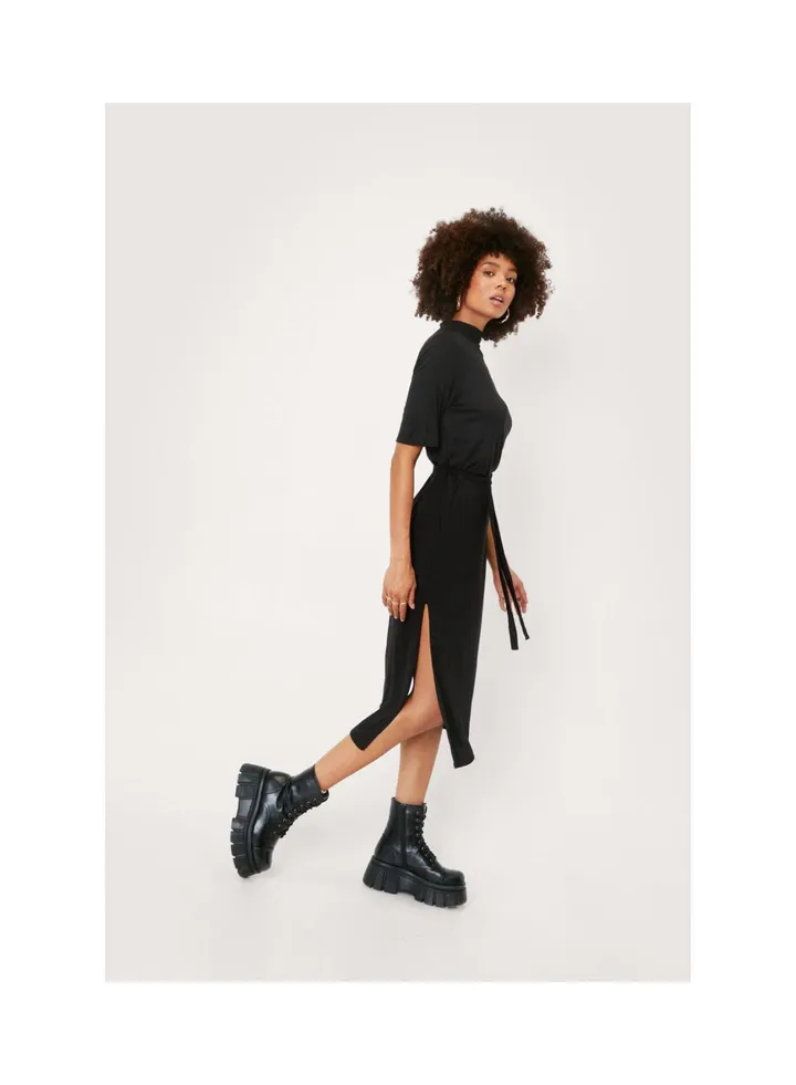 Belted High Neck Slit Midi Dress