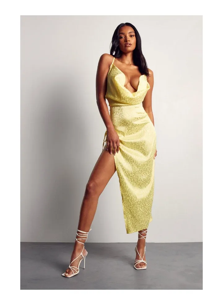 Premium Satin Jacquard Cowl Ruched Midi Dress