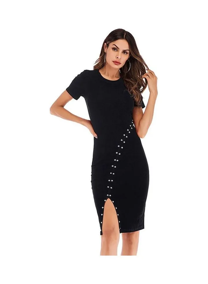 Rivet Split Casual O-Neck Dress Black