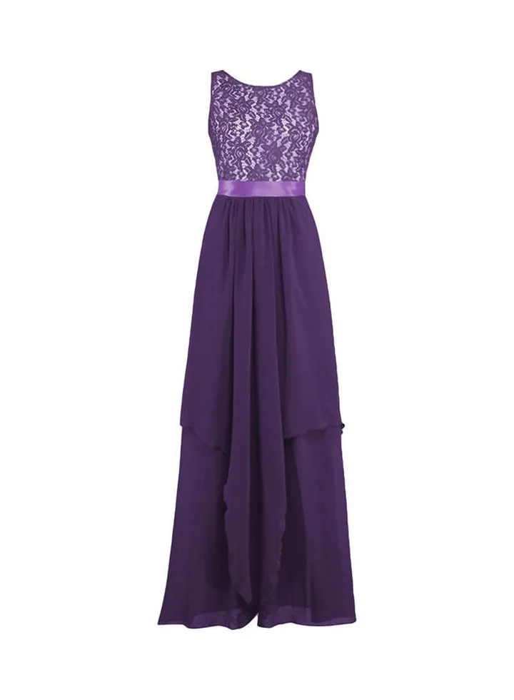 Glorysunshine Modest Sleeveless Lace Chiffon Maxi Gown Purple