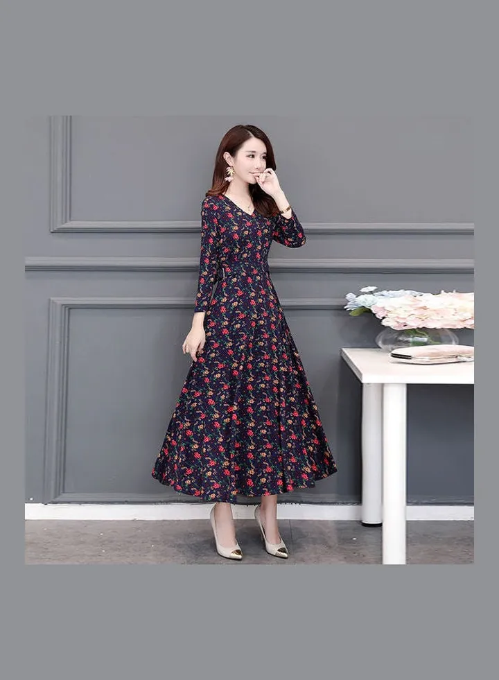 Floral Printed Casual Long Dress Blue