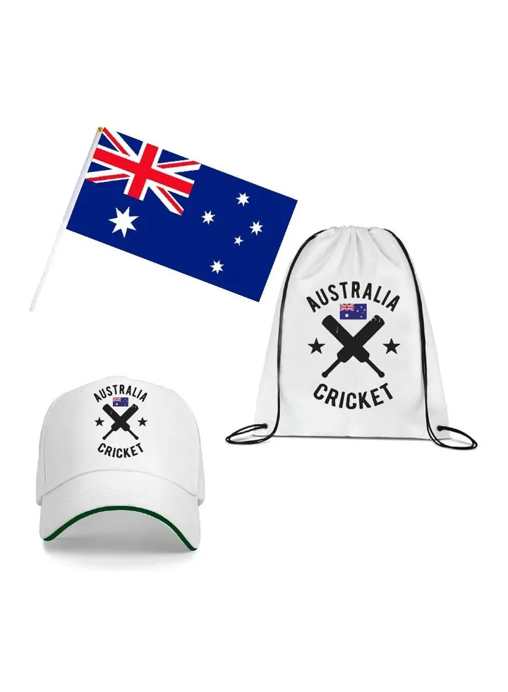 Australia Cricket Sports Fans Combo Pack - Pack of 3 - Drawstring Bag, Hand Flag and Cap - Australia Cricket Enthusiasts Combo Pack - Ideal for Cricket Matches and Events