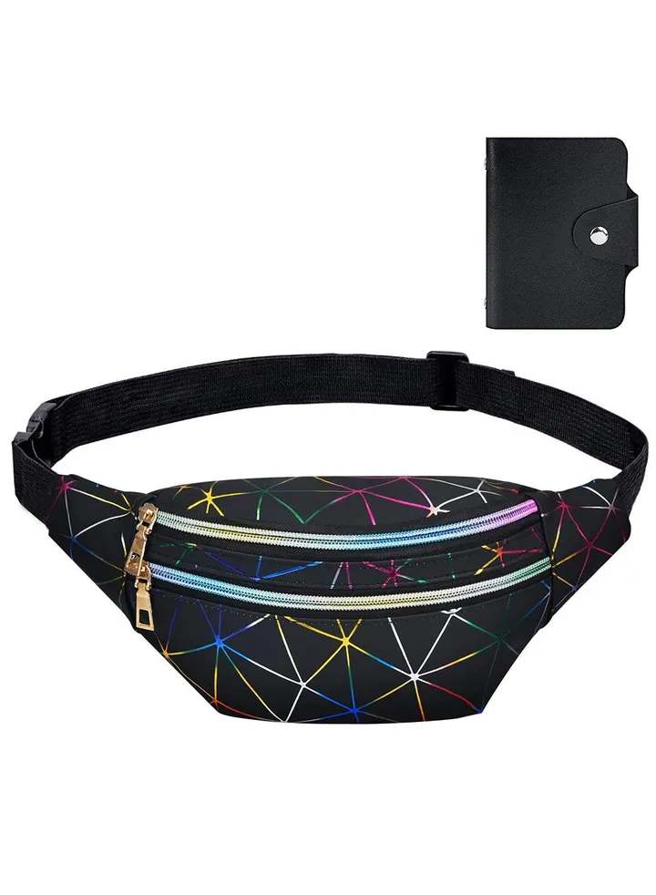 Waist Bag, Holographic Fanny Pack with PU Leather, Shiny Belt Bag Festival Rave Bumbags with 1 Business Card Holder for Ladies Travel Party Sports Running Hiking(Black)