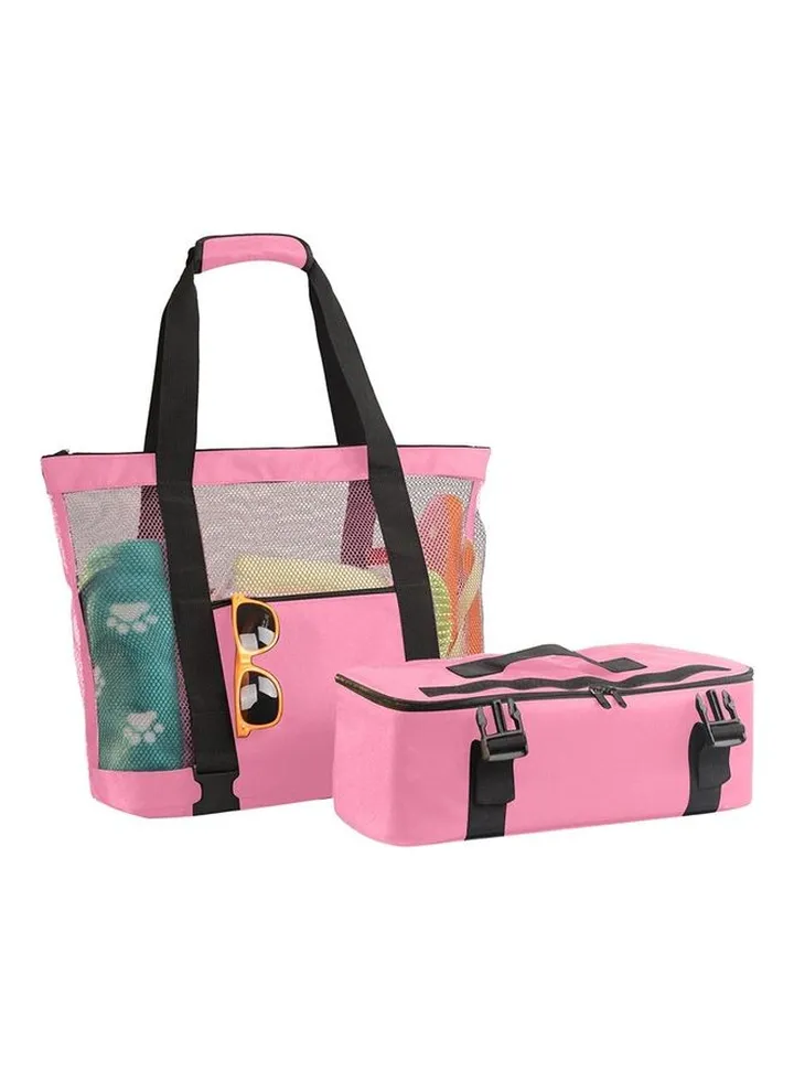 Mesh Beach Picnic Tote With Insulated Cooler Bag