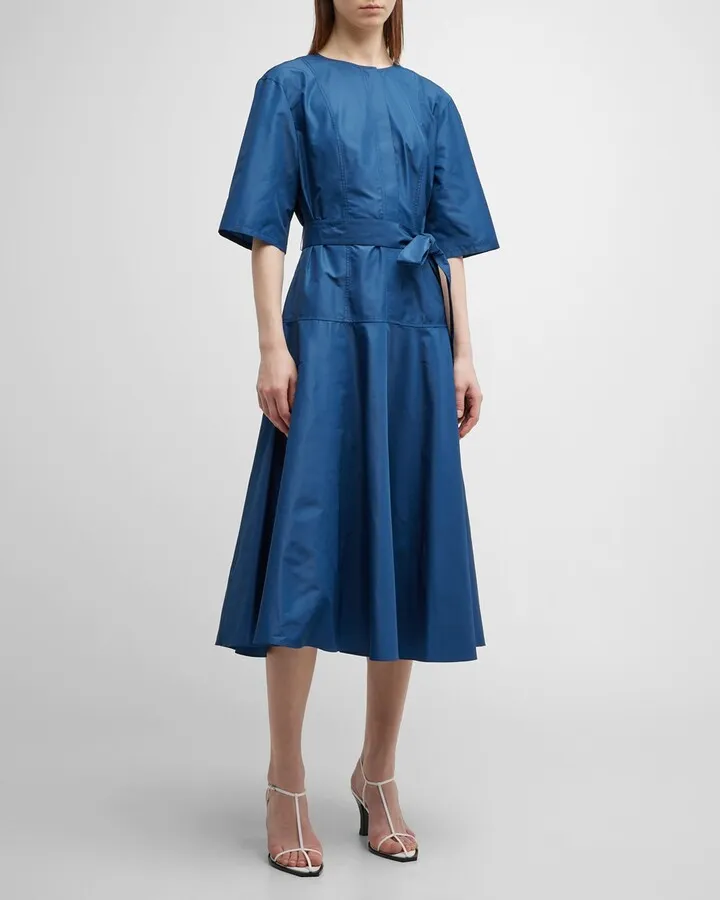 Belted Elbow-Sleeve A-Line Midi Dress