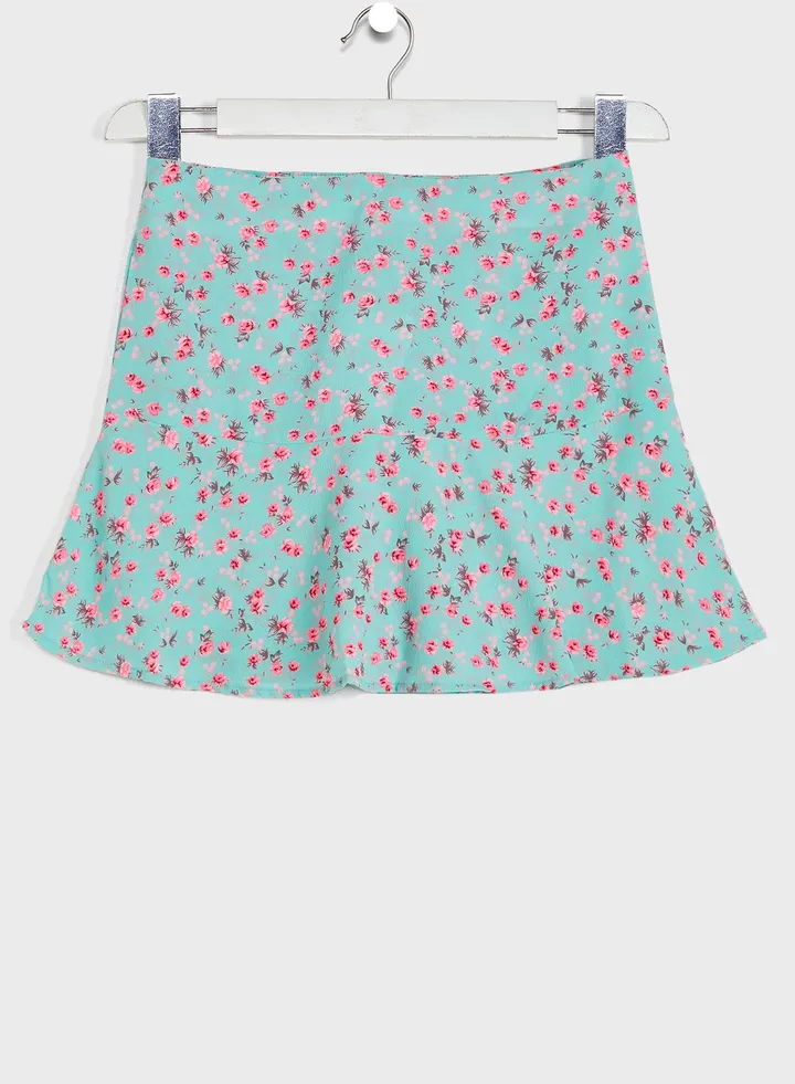 Natilene Girls Turquoise Blue Printed Mini Length Skort