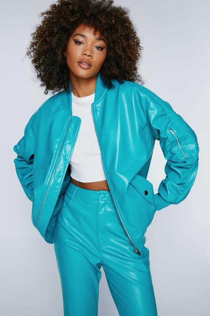 Nasty Gal Womens Faux Leather Ruched Sleeve Bomber Jacket
