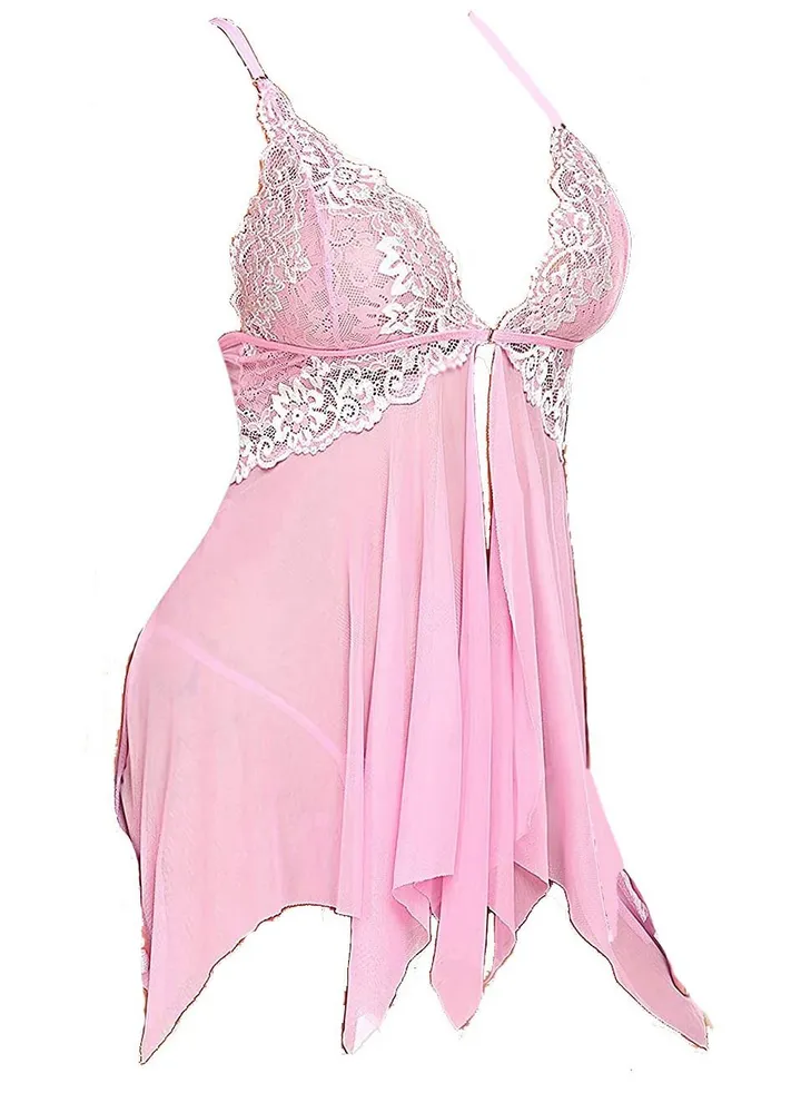Women Sheer Mesh V- Neck Babydoll Lingerie Sleepwear Dress